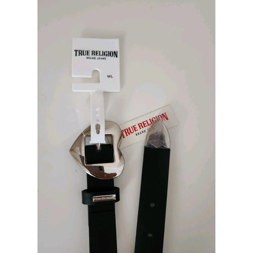 True Religion Silver Heart Buckle Belt Womens Faux Leather‎ Belt Black Size L/XL
